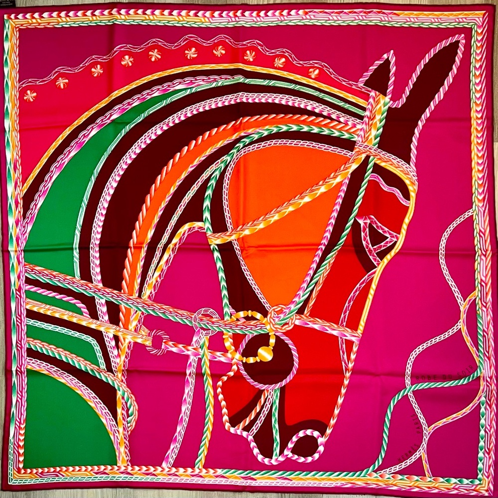 NWOT Hermes “Robe du Soir” Square Silk Scarf w/ Box, Knotting Cards & Ribbon